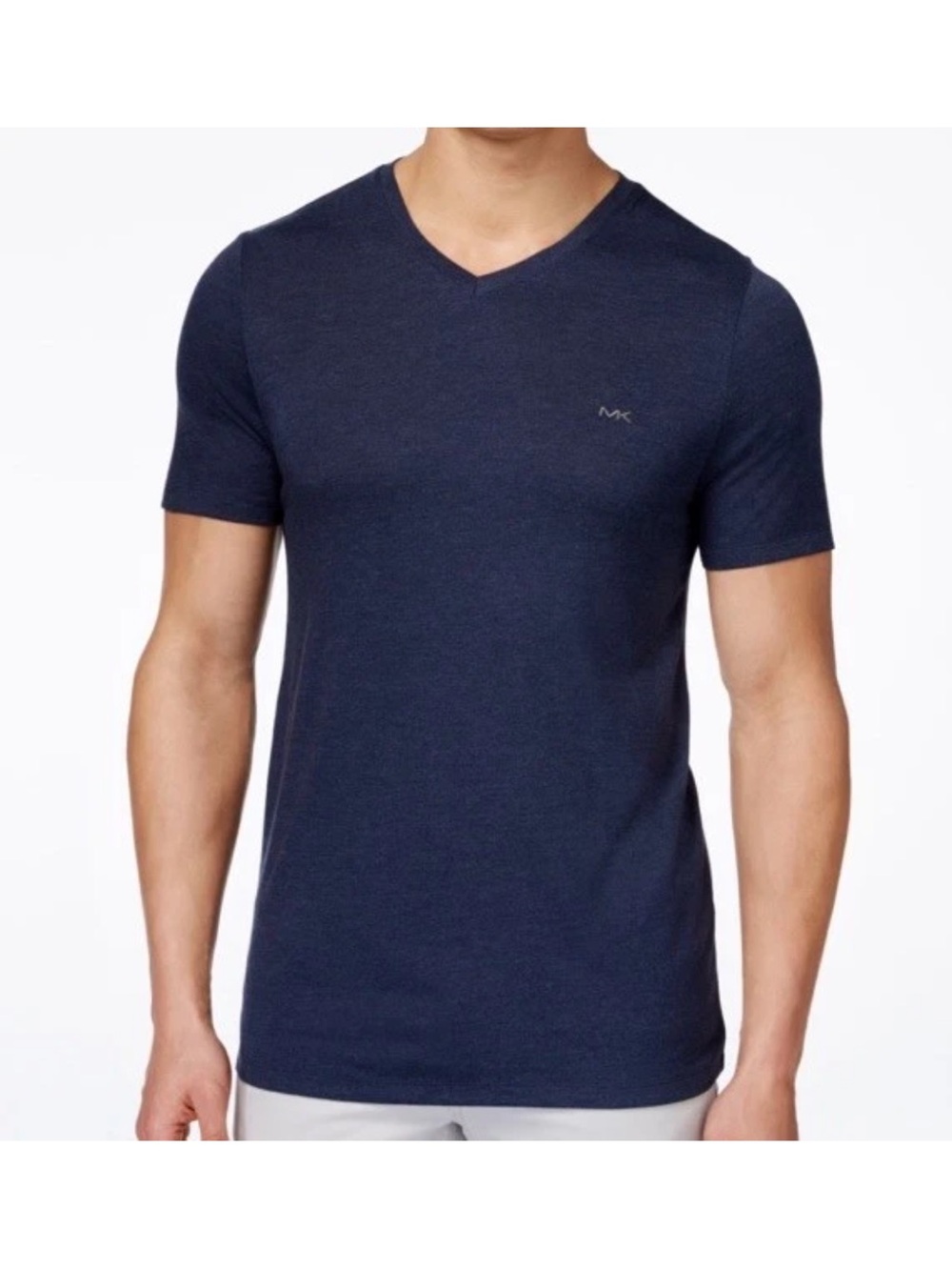 Michael Kors Navy V Neck Embroidery Logo 100% Cotton Short Sleeve Sz L